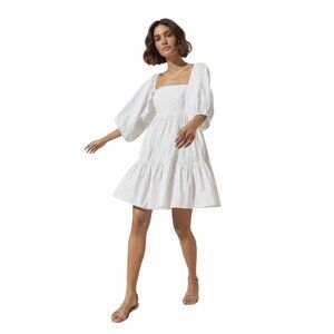 Cara Cara White Puff Sleeve Sip Sip Mini Dress - Size M